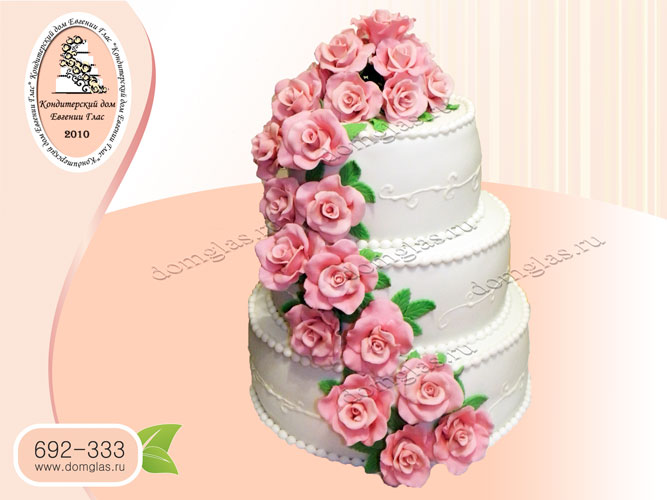 торт свадебный каскад роз 3 яруса белый розовый